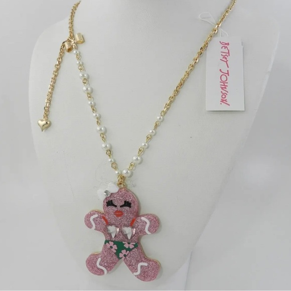 BETSEY JOHNSON Holiday Glitter Gingerbread Girl Pendant Long Necklace Pink NWT - Picture 1 of 5